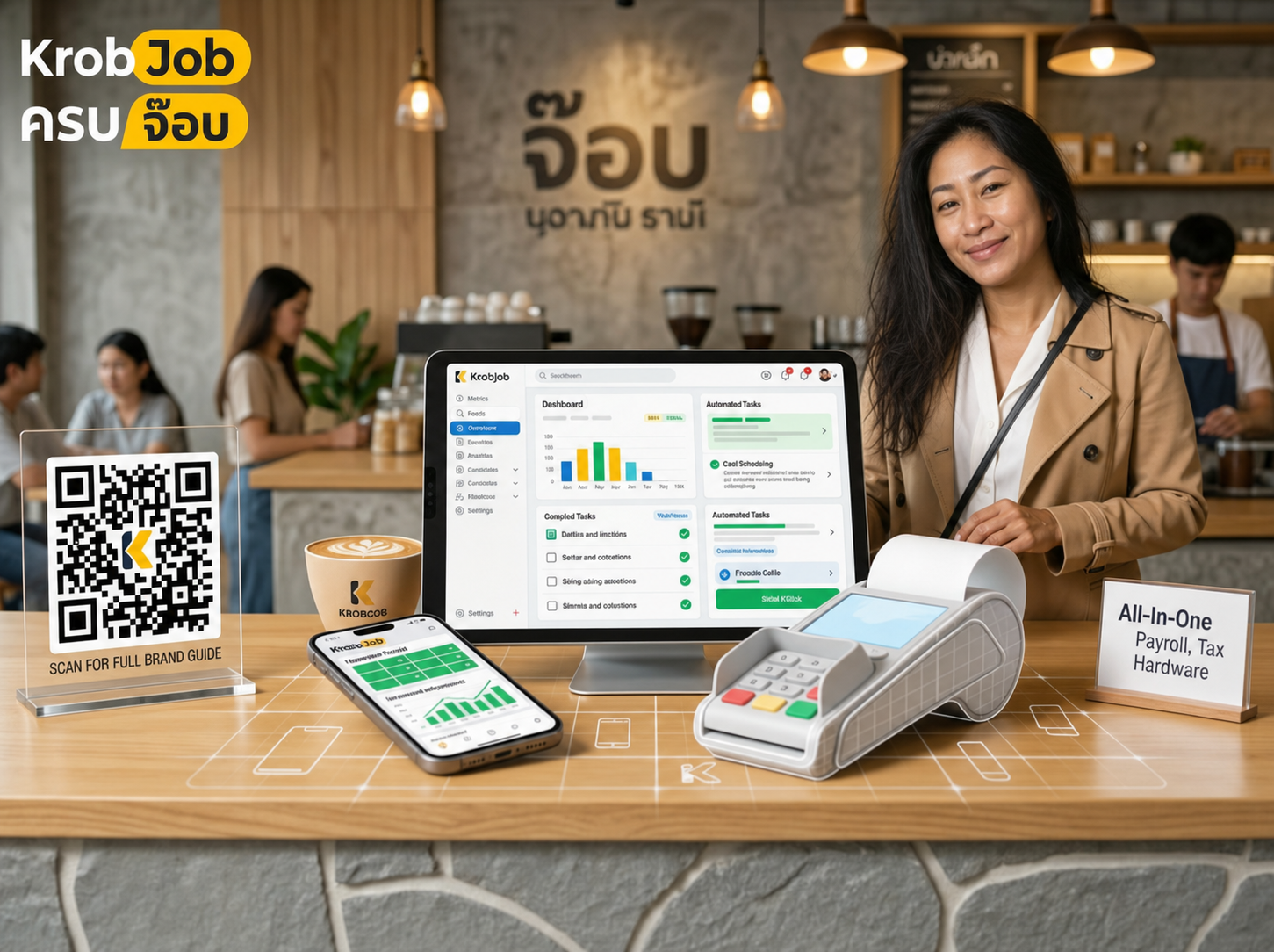 ร้านที่ใช้ KrobJob — แดชบอร์ด, POS และ QR